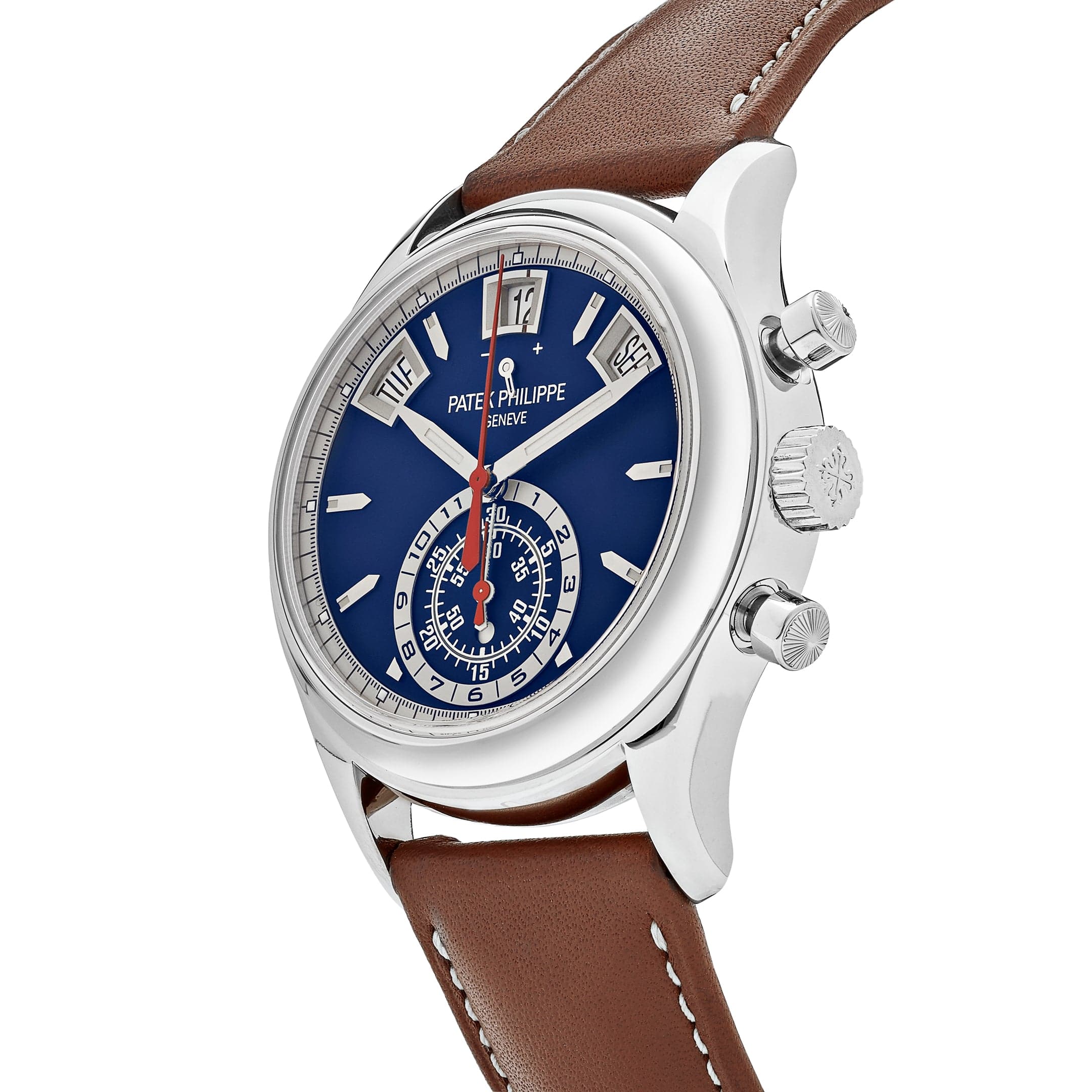 Luxury Swiss Style Watch | Automatic Chronograph | Blue Dial | Stainless Steel Case | Brown Leather Strap