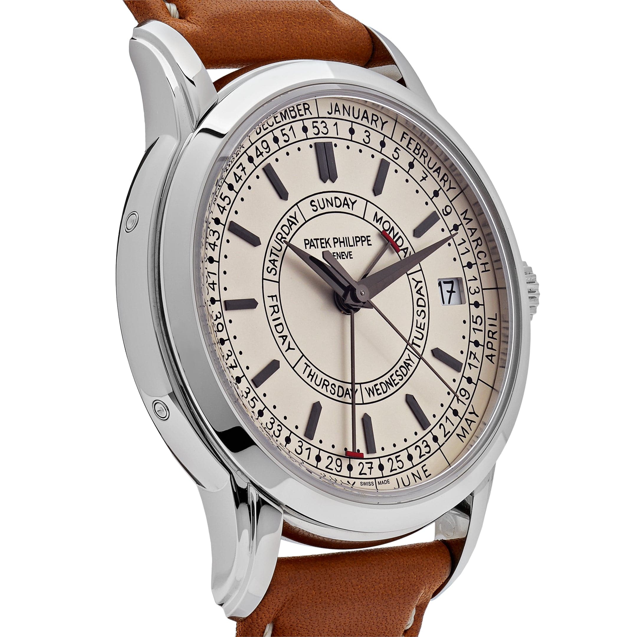 Luxury Swiss Style Watch | Automatic Chronograph | Cream Dial | Stainless Steel Case | Brown Leather Strap