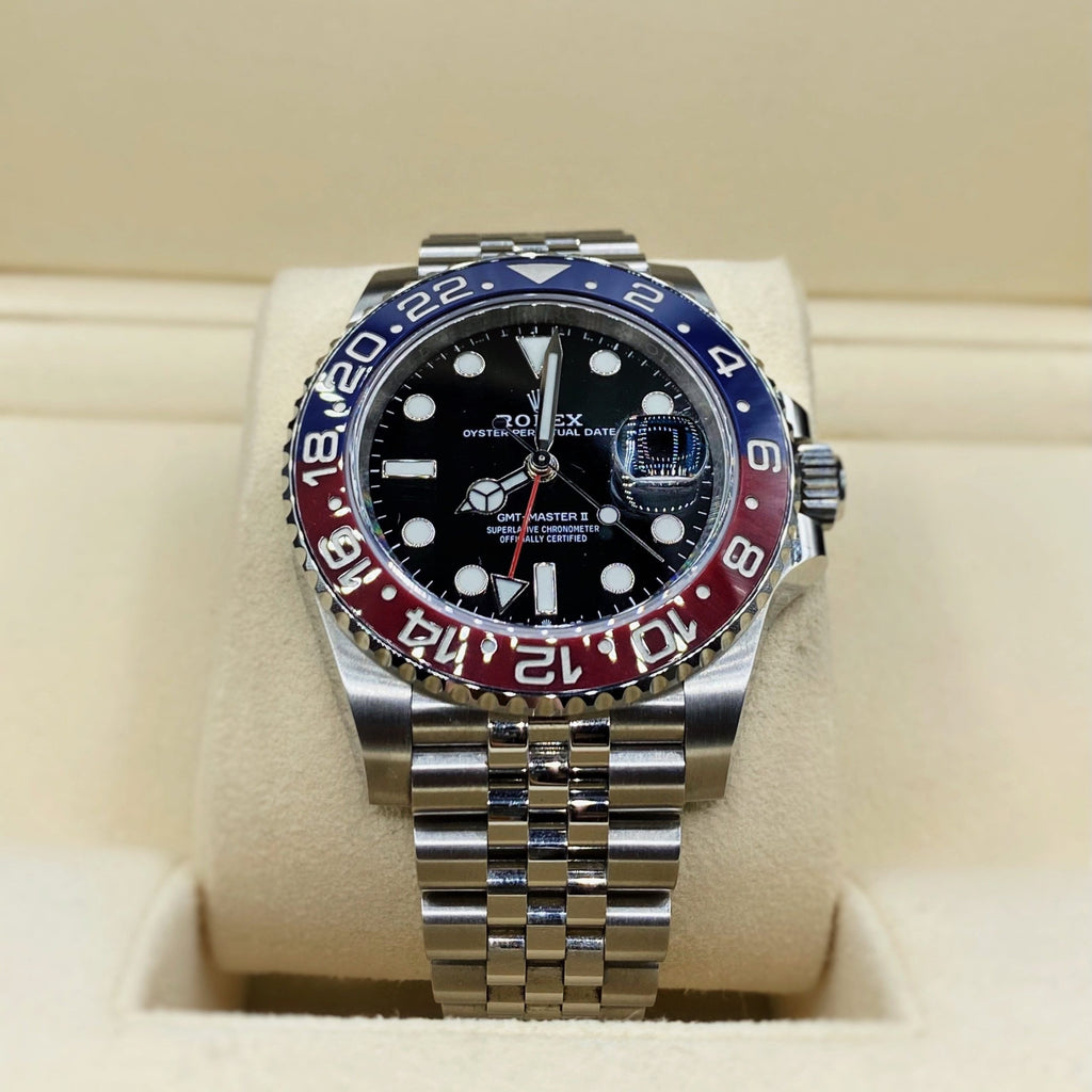 Luxury Swiss Watch | GMT-Master II | Automatic GMT | Black Dial | 904L Stainless Steel Jubilee Bracelet | Red & Blue Ceramic Bezel
