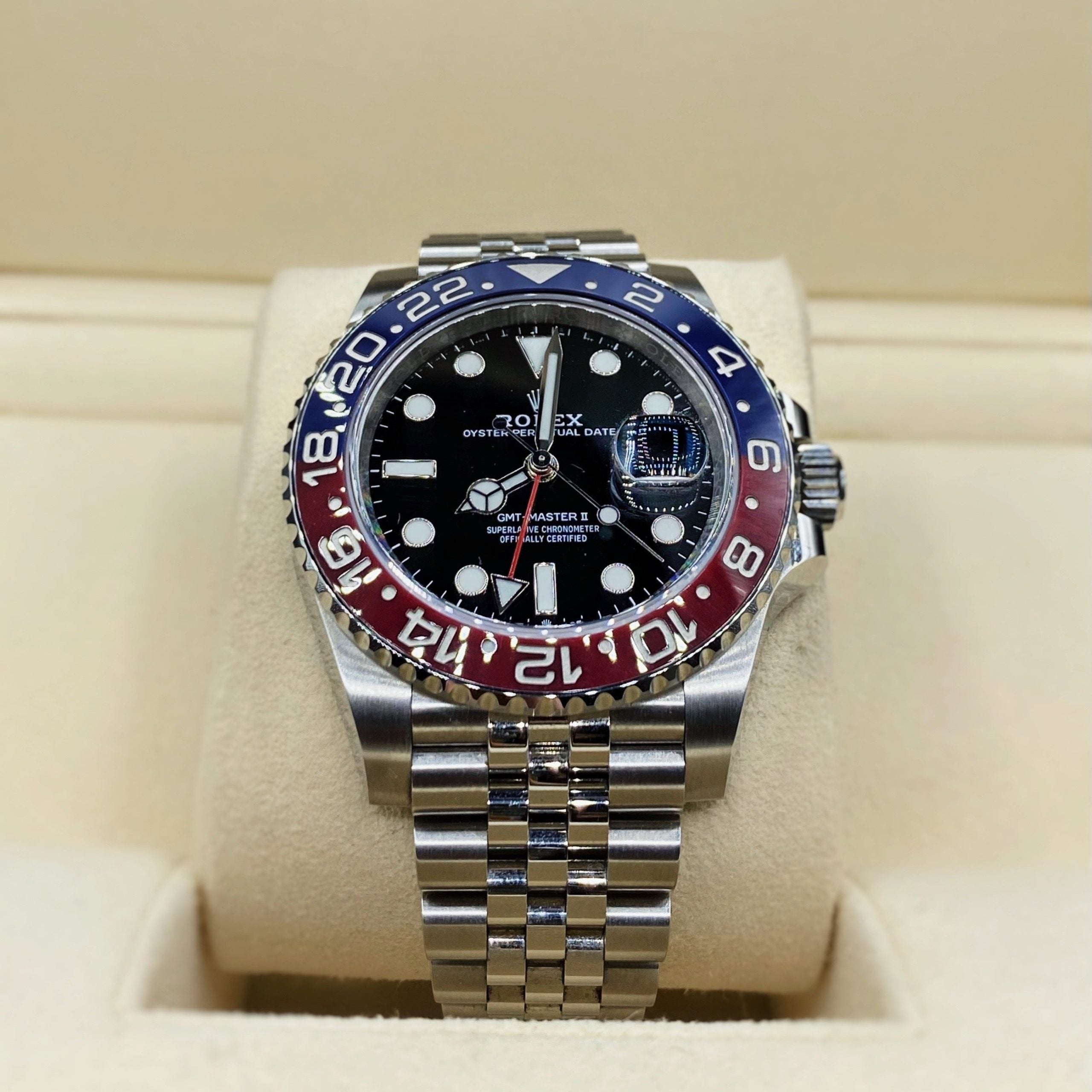 Luxury Swiss Watch | GMT-Master II | Automatic GMT | Black Dial | 904L Stainless Steel Jubilee Bracelet | Red & Blue Ceramic Bezel