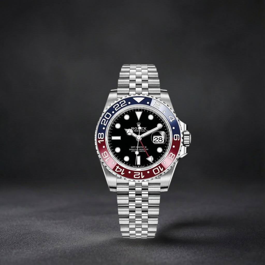 Luxury Swiss Watch | GMT-Master II | Automatic GMT | Black Dial | 904L Stainless Steel Jubilee Bracelet | Red & Blue Ceramic Bezel