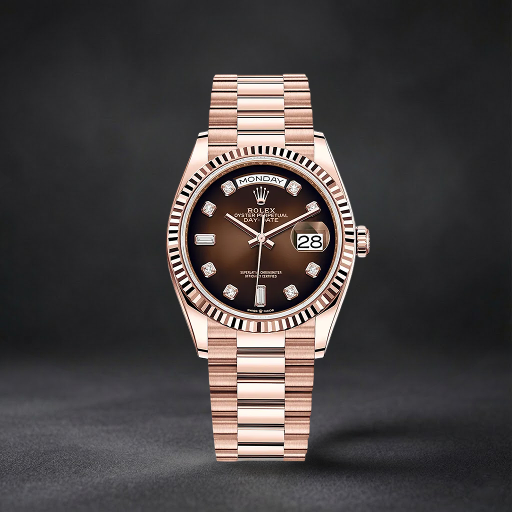 Luxury Swiss Watch | Day-date | Automatic movement | Chocolate brown dial with sparkling gemstone hour markers | 904L stainless steel bracelet | Fluted bezel