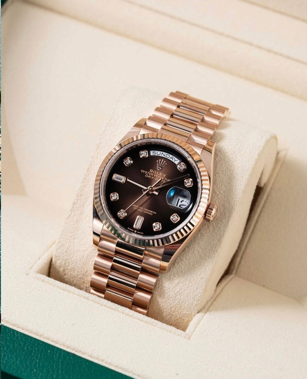 Luxury Swiss Watch | Day-date | Automatic movement | Chocolate brown dial with sparkling gemstone hour markers | 904L stainless steel bracelet | Fluted bezel