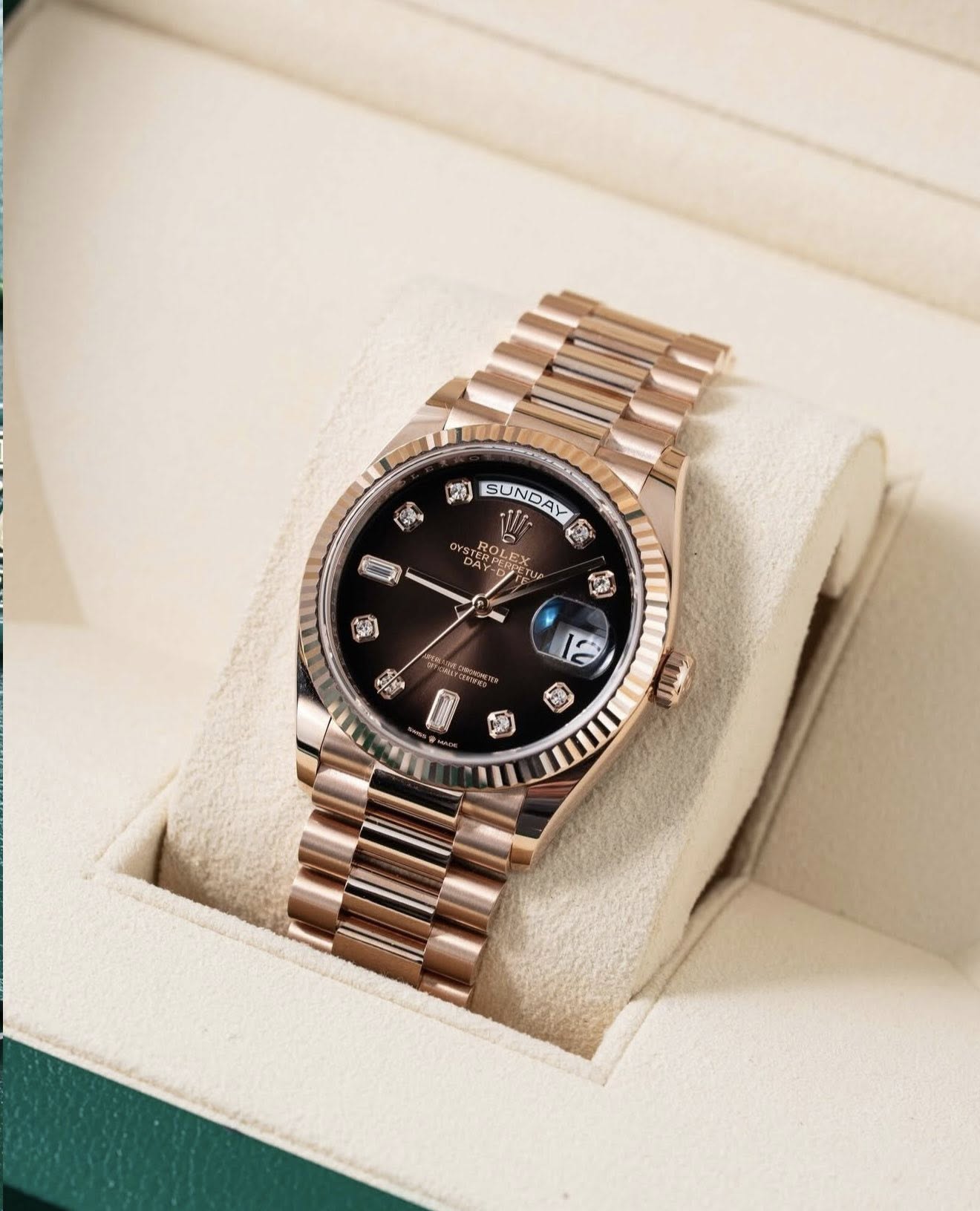 Luxury Swiss Watch | Day-date | Automatic movement | Chocolate brown dial with sparkling gemstone hour markers | 904L stainless steel bracelet | Fluted bezel