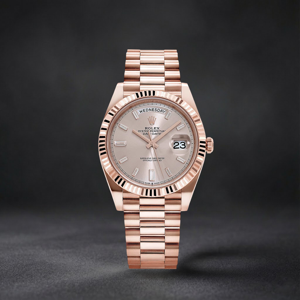 Luxury Swiss-Style Watch | Automatic Movement | Champagne Sunburst Dial | Day-Date Display | Fluted Bezel