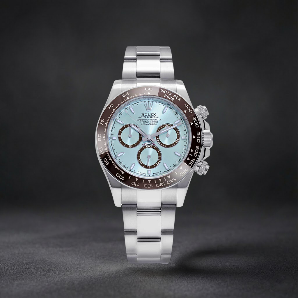 Luxury Swiss Watch | Stainless Steel Case & Bracelet | Ice Blue Dial | Brown Tachymeter Bezel