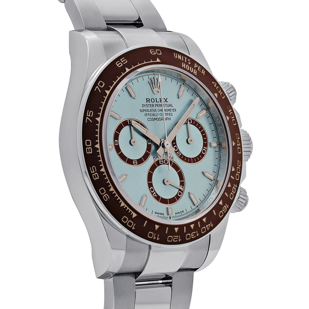Luxury Swiss Watch | Stainless Steel Case & Bracelet | Ice Blue Dial | Brown Tachymeter Bezel