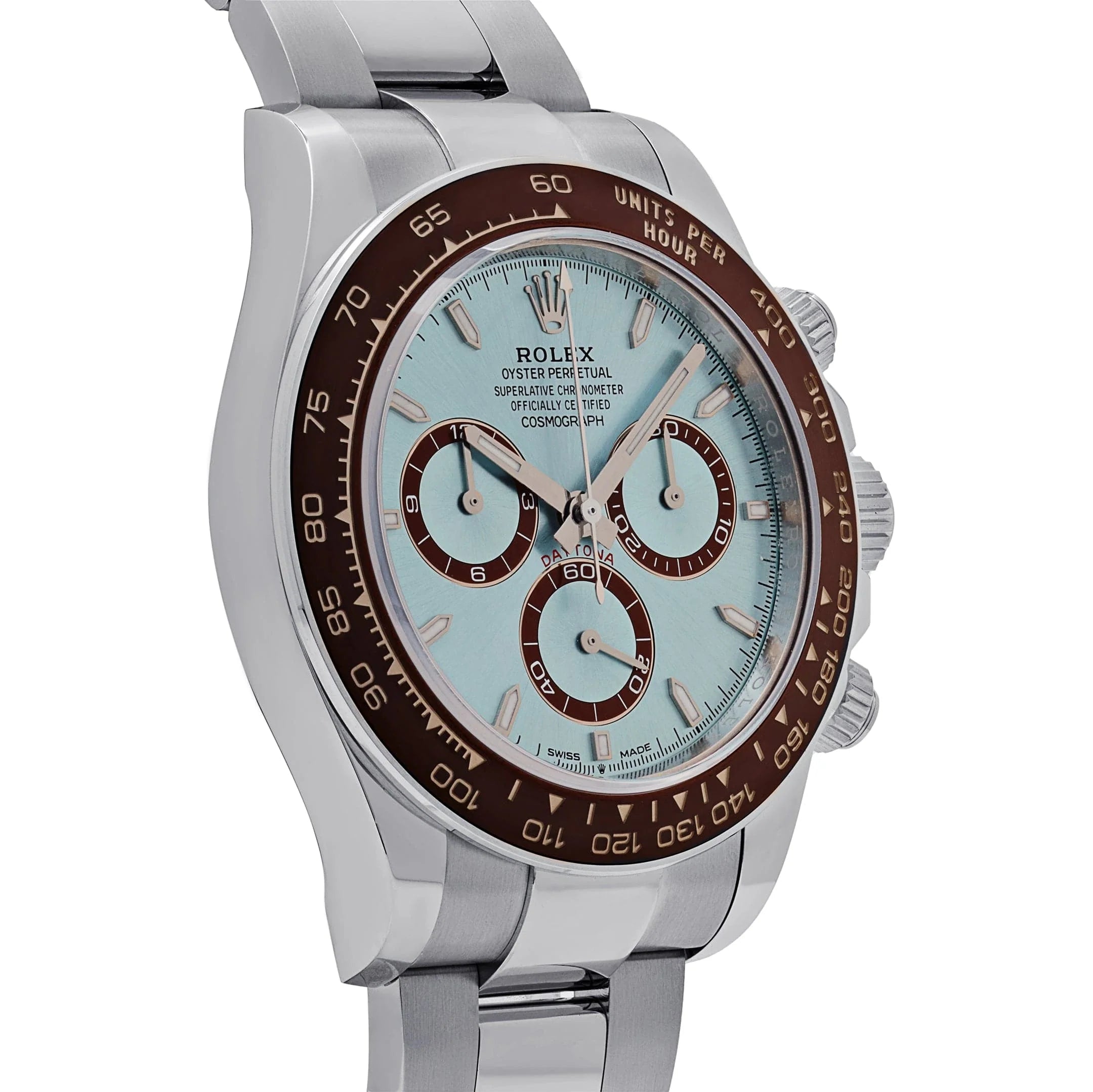 Luxury Swiss Watch | Stainless Steel Case & Bracelet | Ice Blue Dial | Brown Tachymeter Bezel