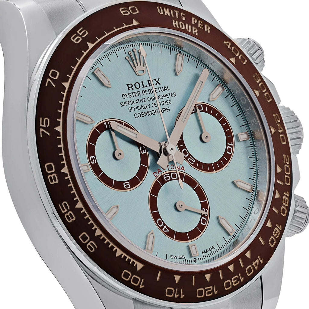 Luxury Swiss Watch | Stainless Steel Case & Bracelet | Ice Blue Dial | Brown Tachymeter Bezel