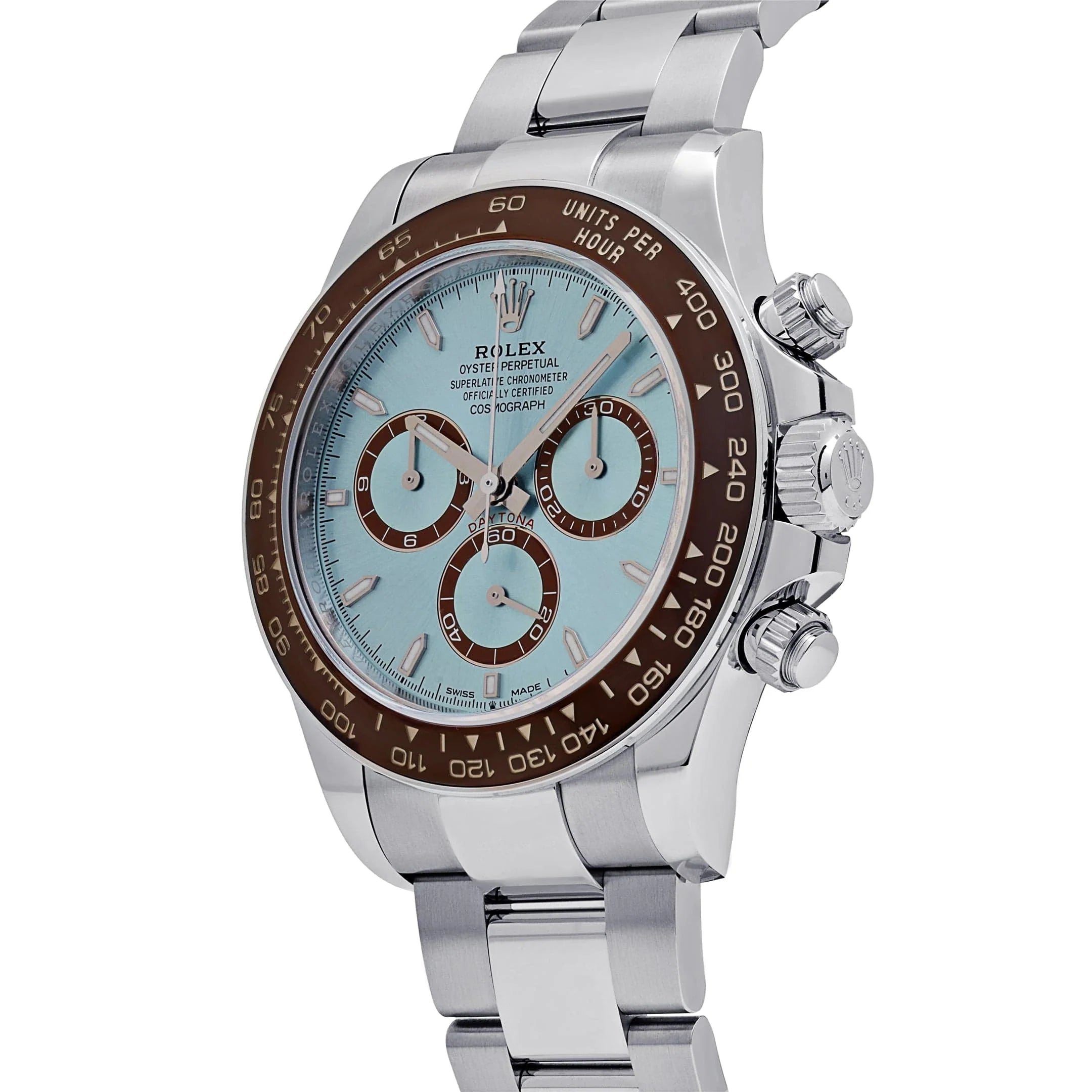 Luxury Swiss Watch | Stainless Steel Case & Bracelet | Ice Blue Dial | Brown Tachymeter Bezel