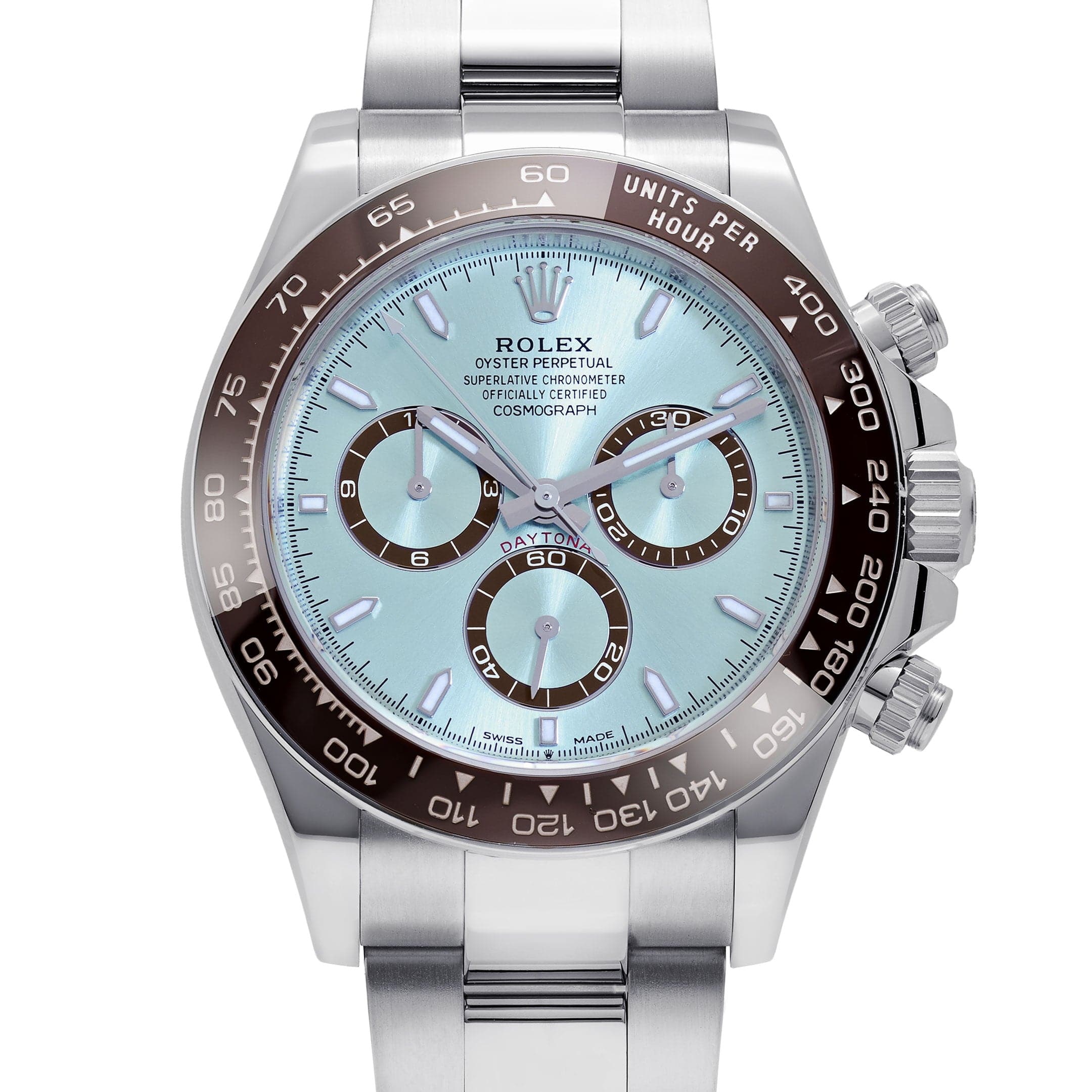 Luxury Swiss Watch | Stainless Steel Case & Bracelet | Ice Blue Dial | Brown Tachymeter Bezel
