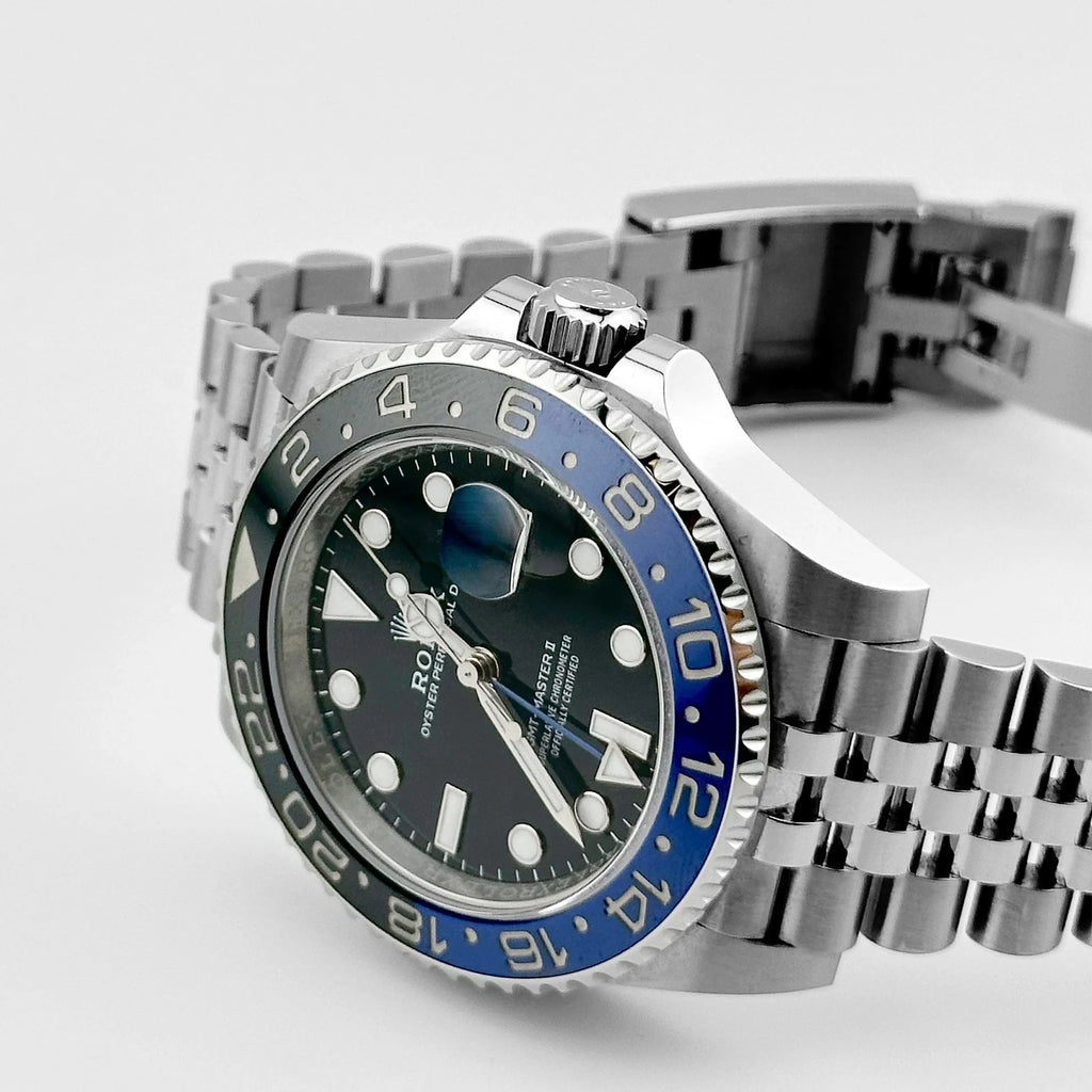 Luxury Swiss-Style Watch | GMT Automatic Movement | Stainless Steel Case | Black & Blue GMT Bezel