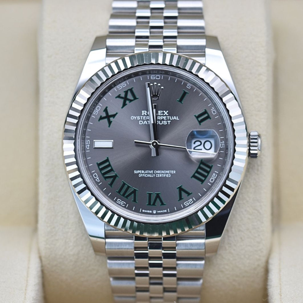 Luxury Swiss Watch | Datejust 126334 | Automatic | Grey Dial with Green Roman Numerals | 904L Stainless Steel Bracelet | Fluted Bezel