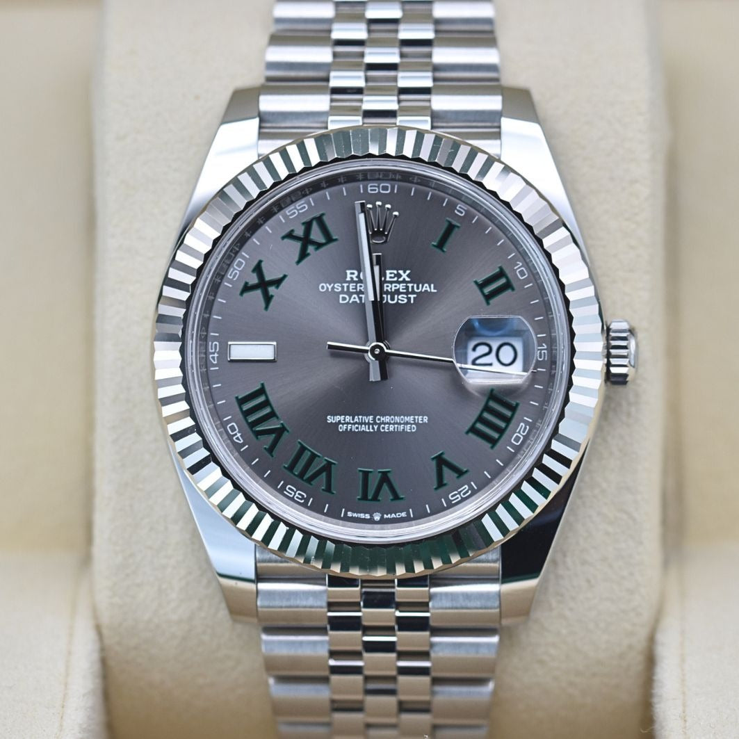 Luxury Swiss Watch | Datejust 126334 | Automatic | Grey Dial with Green Roman Numerals | 904L Stainless Steel Bracelet | Fluted Bezel