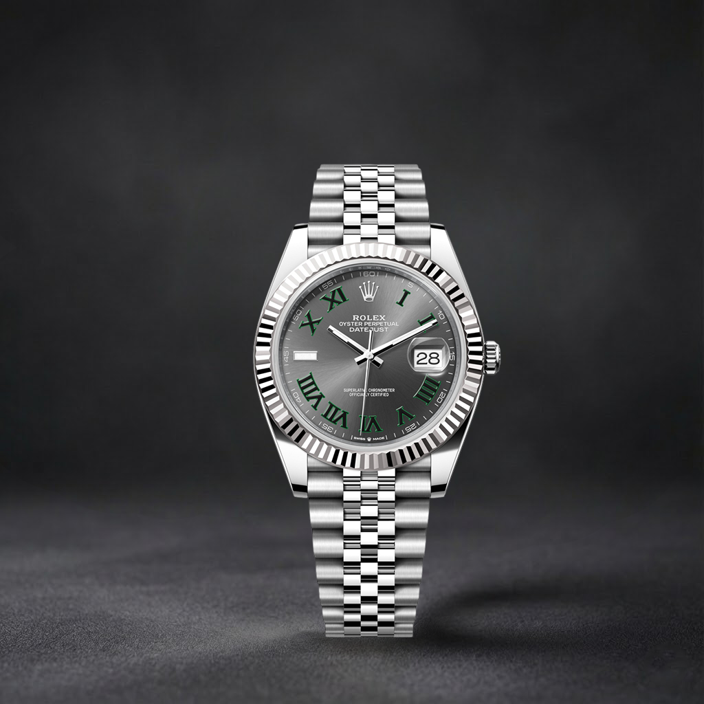 Luxury Swiss Watch | Datejust 126334 | Automatic | Grey Dial with Green Roman Numerals | 904L Stainless Steel Bracelet | Fluted Bezel