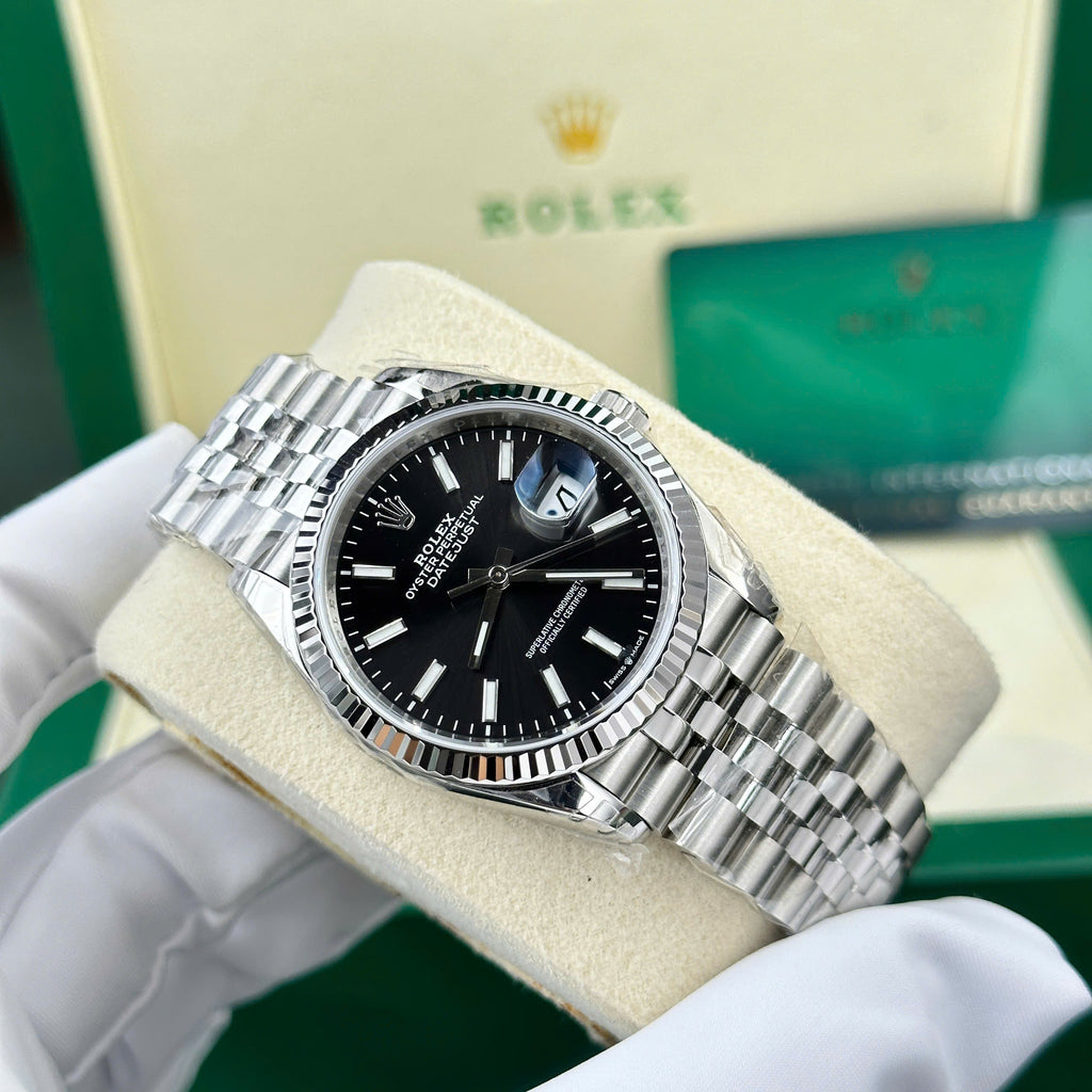 Luxury Swiss Watch | Datejust | Automatic | Black Dial | 904L Stainless Steel Jubilee Bracelet | Fluted Bezel