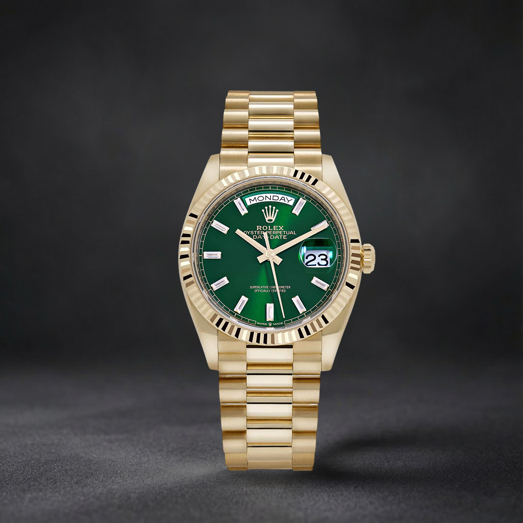 Luxury Swiss-Style Watch | Automatic Day-Date Movement | Green Sunburst Dial with Hour Markers | Fluted Bezel Stainless Steel Case