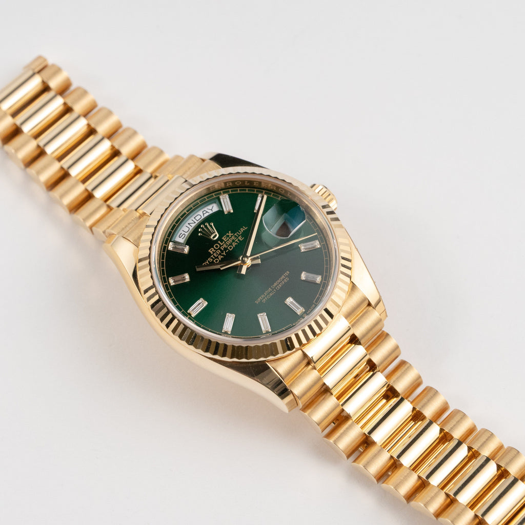 Luxury Swiss-Style Watch | Automatic Day-Date Movement | Green Sunburst Dial with Hour Markers | Fluted Bezel Stainless Steel Case