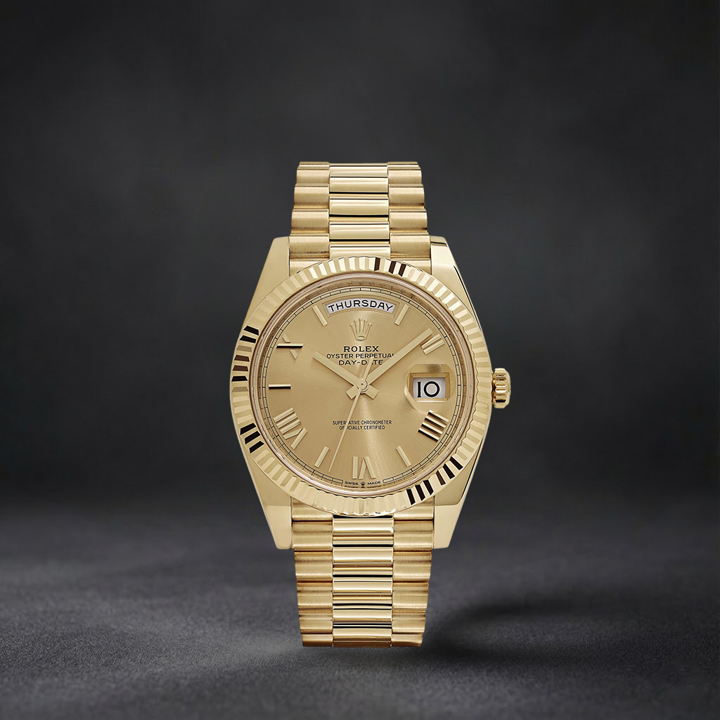 Luxury Swiss-Style Watch | Automatic Movement | Champagne Sunburst Dial with Roman Numerals | Day-Date Display | Fluted Bezel