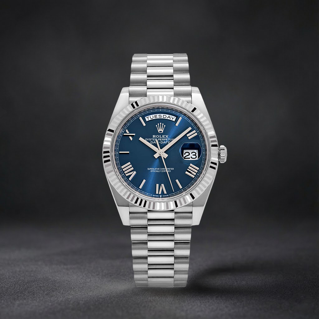 Luxury Swiss-Style Watch | Automatic Movement | Blue Sunburst Dial with Roman Numerals | Day-Date Display | Fluted Stainless Steel Case