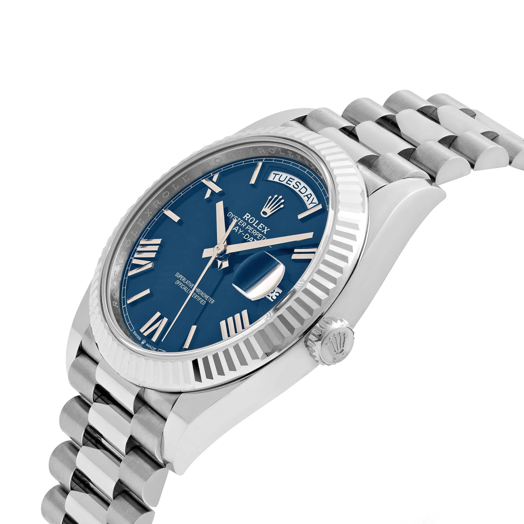 Luxury Swiss-Style Watch | Automatic Movement | Blue Sunburst Dial with Roman Numerals | Day-Date Display | Fluted Stainless Steel Case