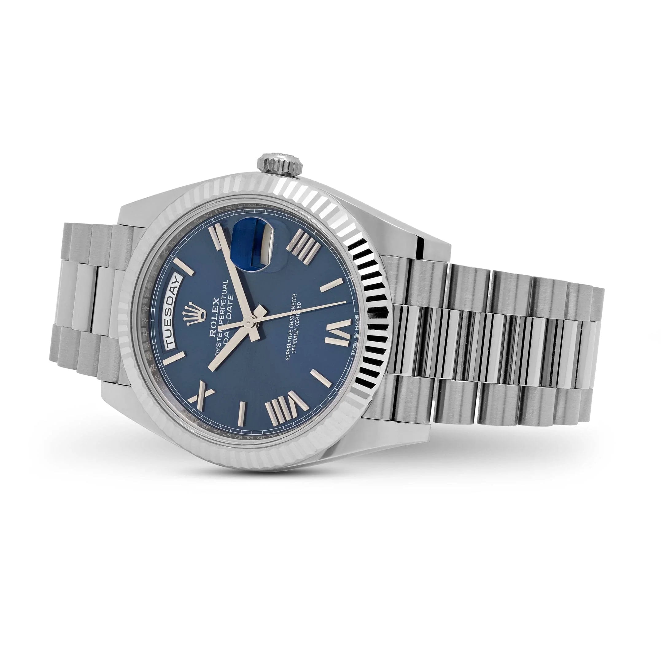 Luxury Swiss-Style Watch | Automatic Movement | Blue Sunburst Dial with Roman Numerals | Day-Date Display | Fluted Stainless Steel Case