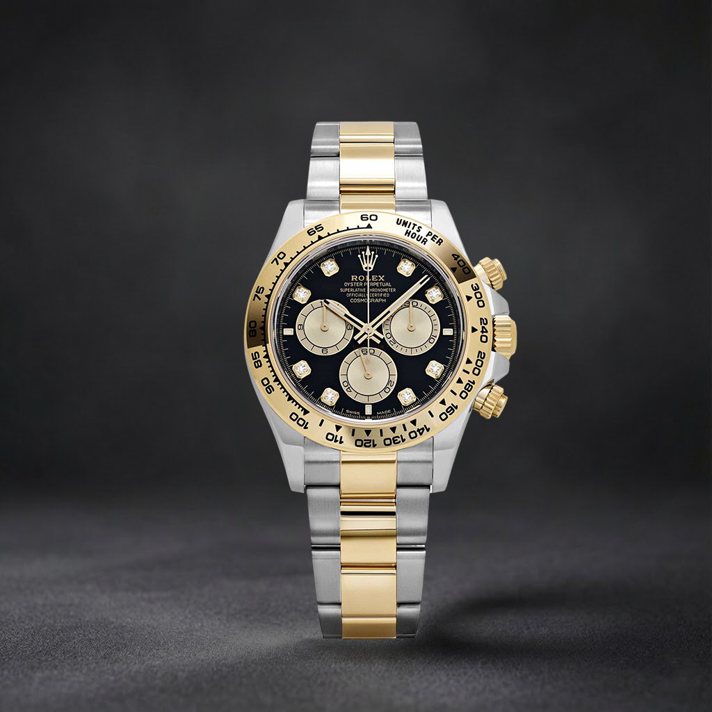 Luxury Swiss Watch | Automatic Movement | Black Dial | Champagne Subdials | Tachymeter Bezel