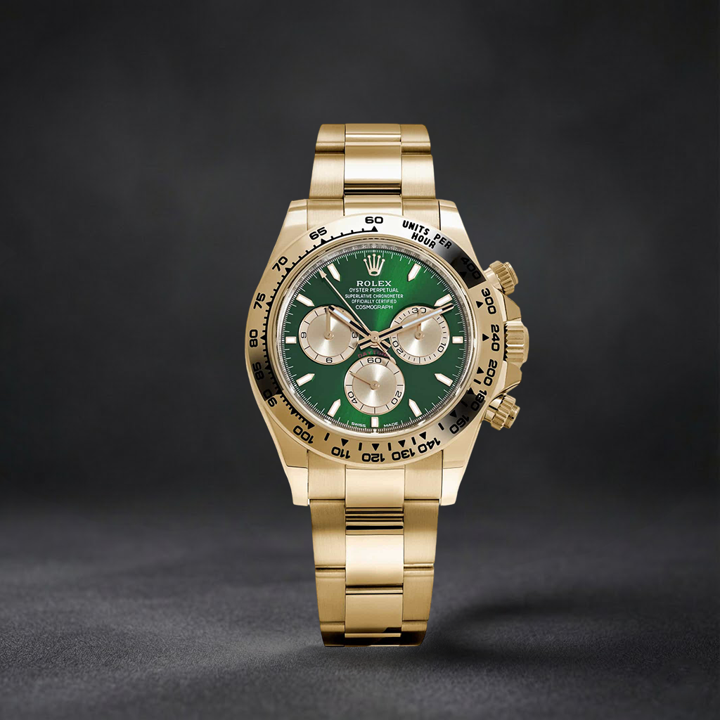Luxury Swiss Watch | Automatic Movement | Green Sunburst Dial with Gold Subdials | Stainless Steel Case