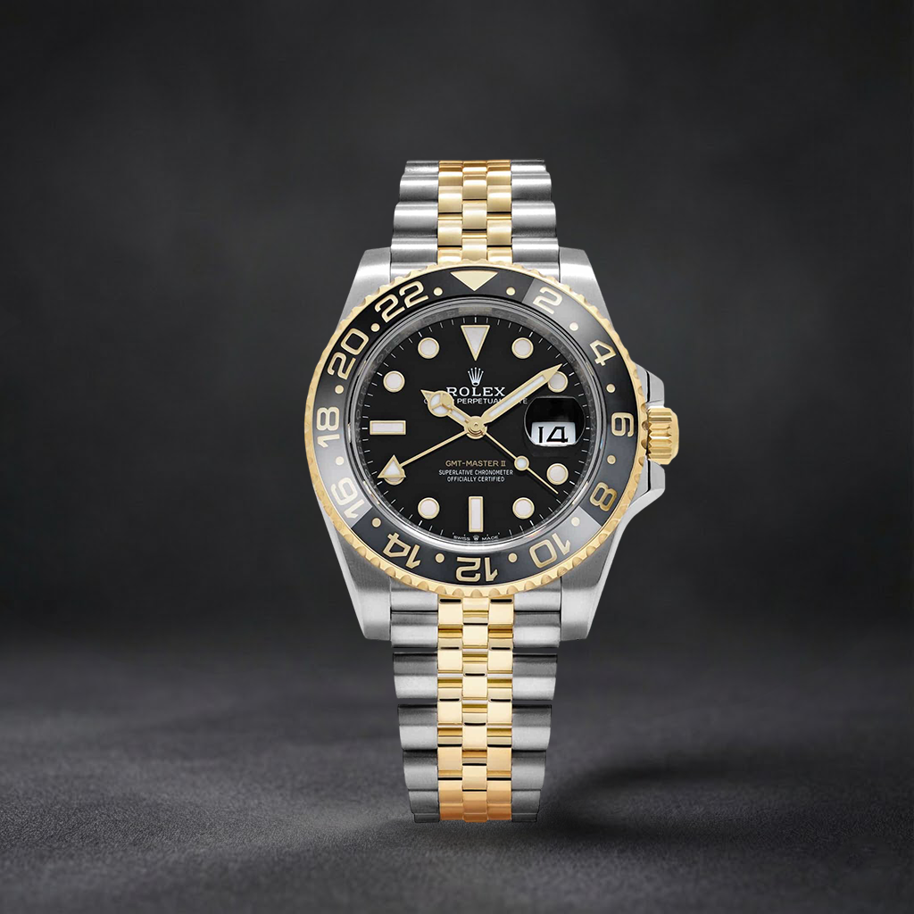Luxury Swiss-Style Watch | GMT Automatic Movement | Stainless Steel Case | Black Dial with Black & Yellow GMT Bezel