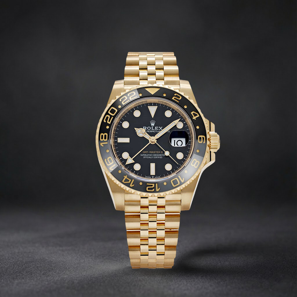 Luxury Swiss-Style Watch | GMT Automatic Movement | Stainless Steel Case | Black Dial with Black & Gold GMT Bezel