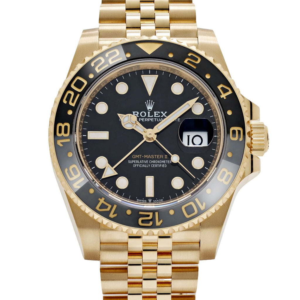 Luxury Swiss-Style Watch | GMT Automatic Movement | Stainless Steel Case | Black Dial with Black & Gold GMT Bezel