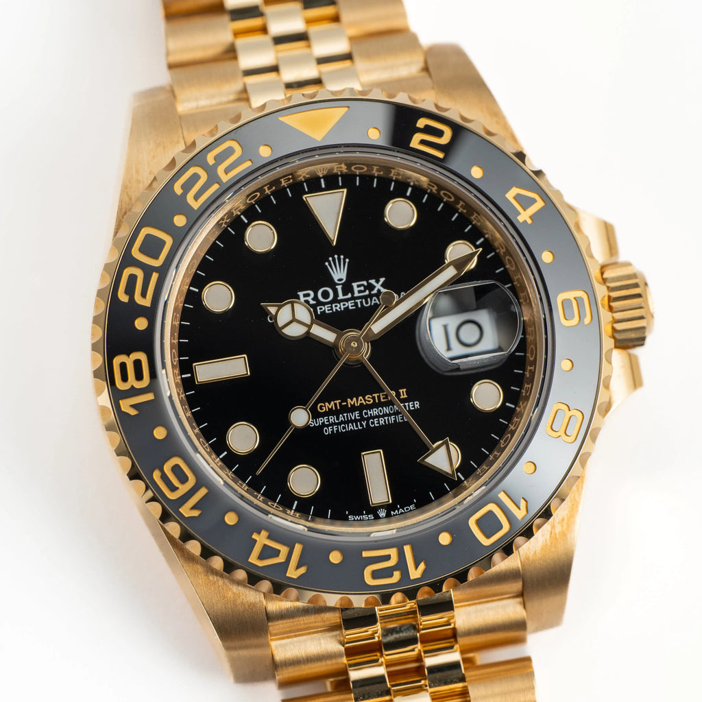 Luxury Swiss-Style Watch | GMT Automatic Movement | Stainless Steel Case | Black Dial with Black & Gold GMT Bezel