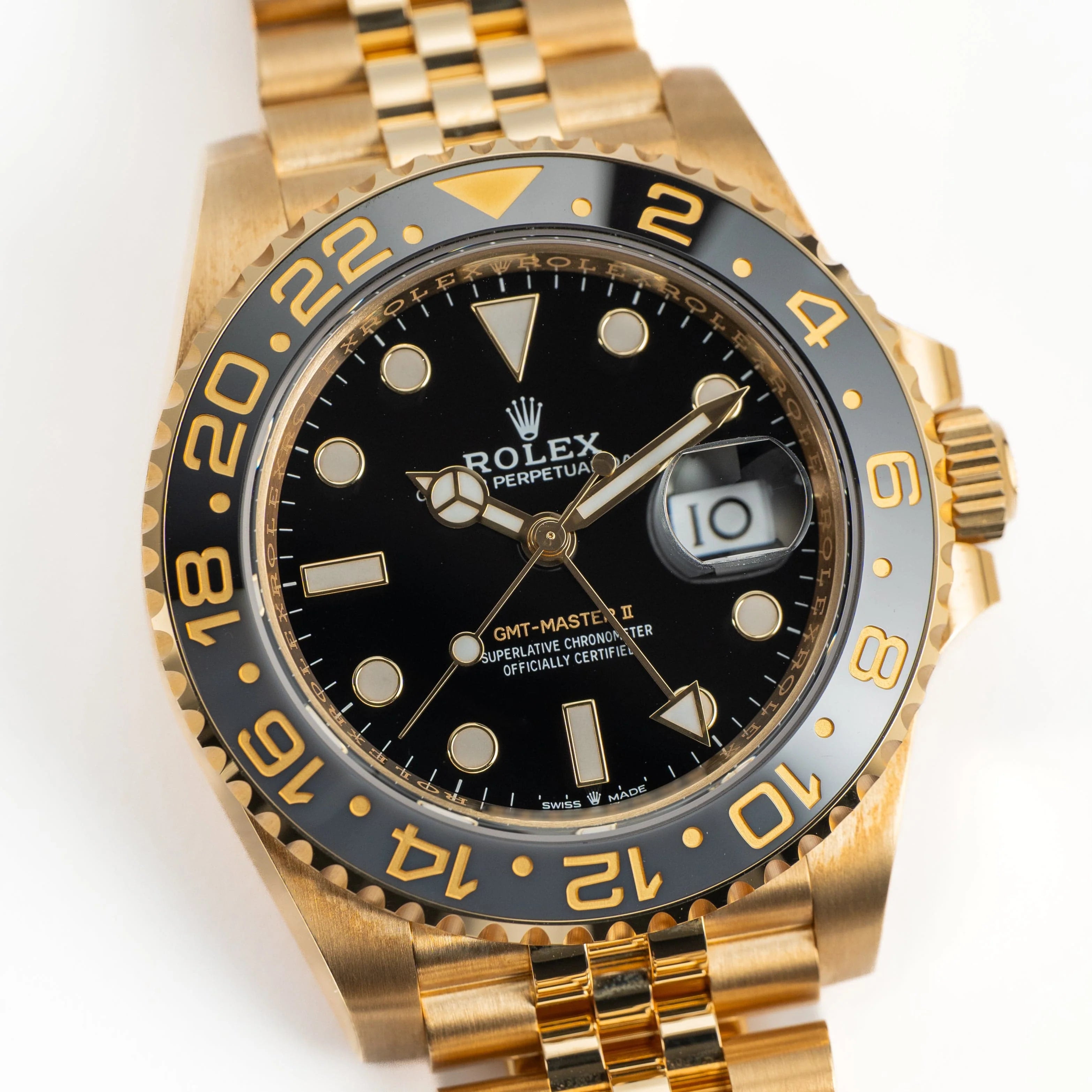 Luxury Swiss-Style Watch | GMT Automatic Movement | Stainless Steel Case | Black Dial with Black & Gold GMT Bezel
