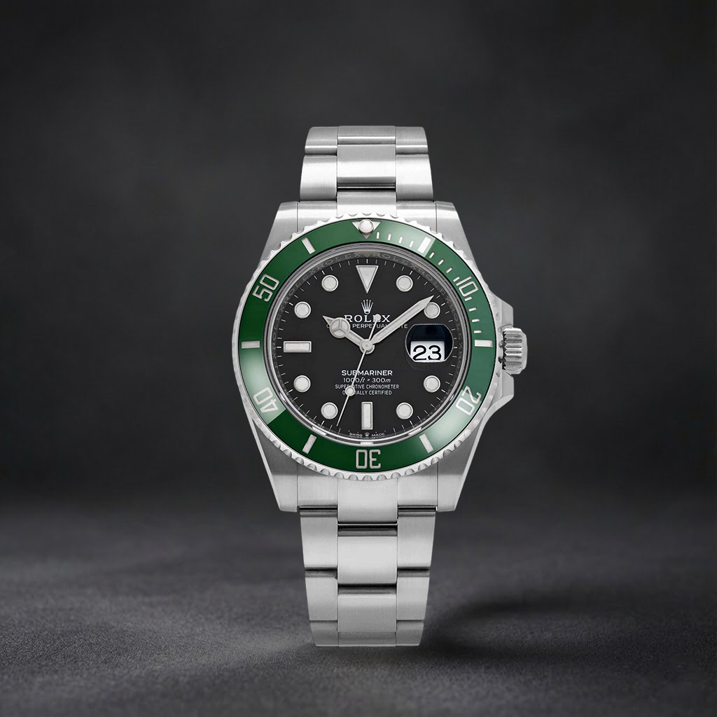 Luxury Swiss Watch | Automatic Movement | Black Dial with Green Rotating Bezel | Stainless Steel Case & Bracelet