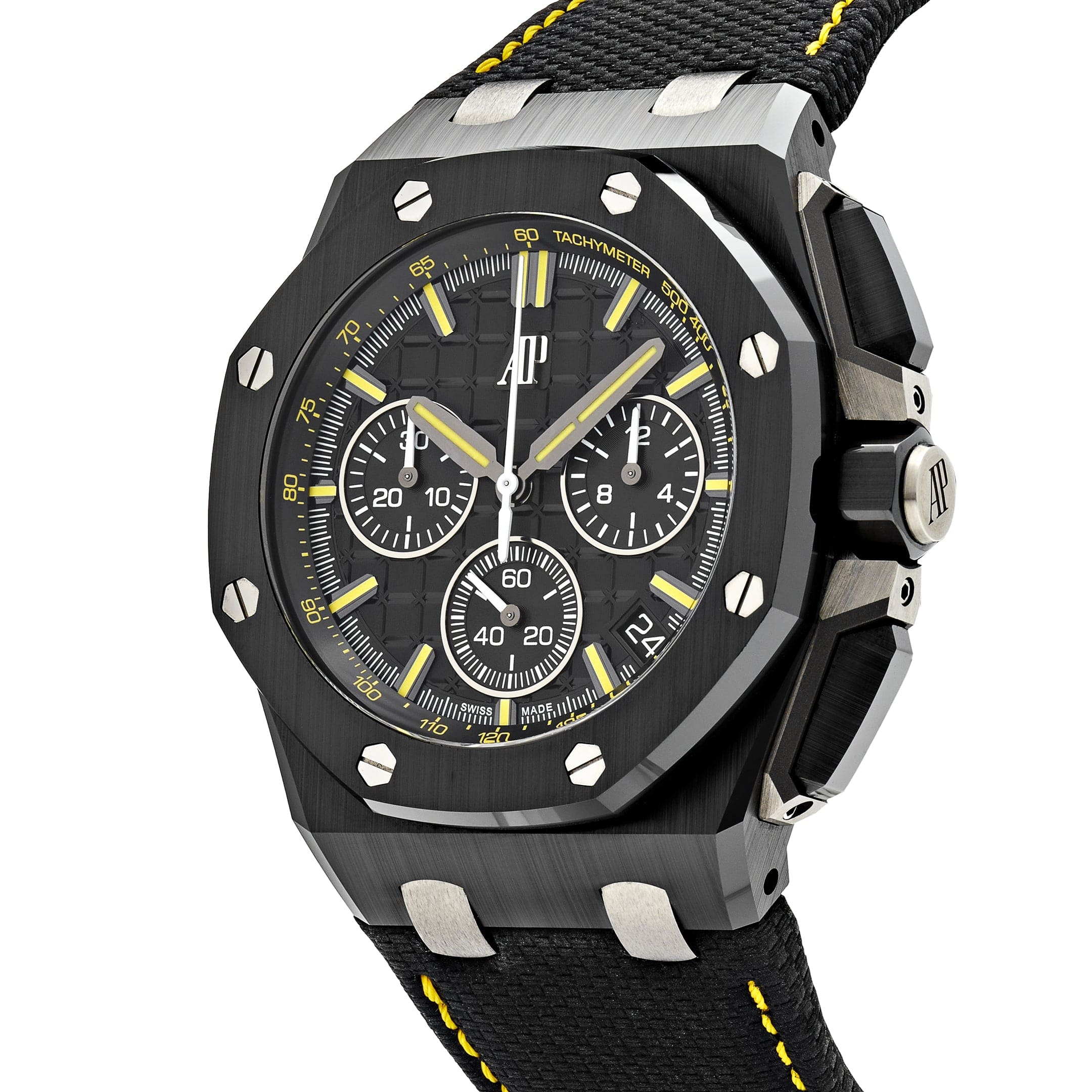 Luxury Swiss Watch | Automatic Movement | Black Dial | Ceramic Case | Fabric Strap | Date Display | Tachymeter Scale