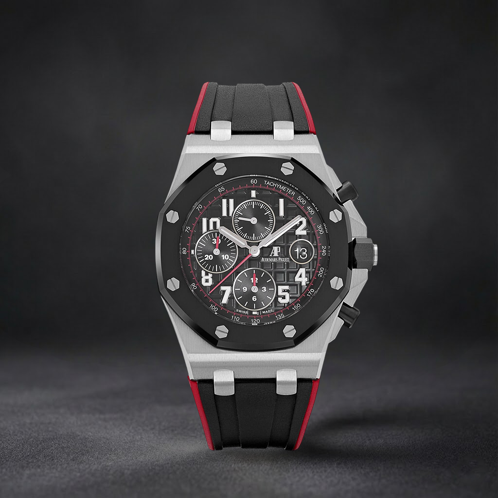 Luxury Swiss Watch | Automatic Movement | Black Multi-Subdial Dial | Stainless Steel Case | Black & Red Rubber Strap | Date Display | Tachymeter Scale