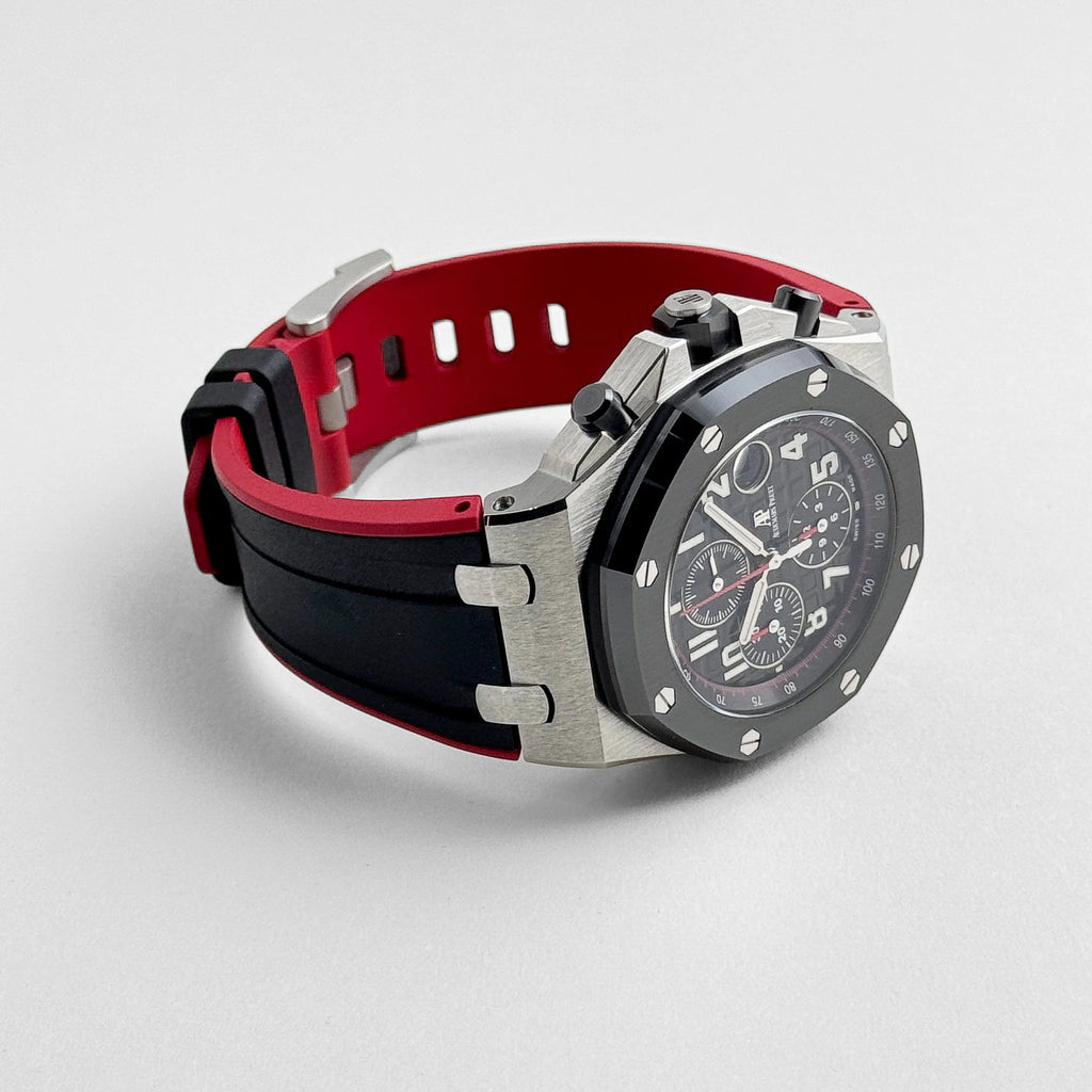 Luxury Swiss Watch | Automatic Movement | Black Multi-Subdial Dial | Stainless Steel Case | Black & Red Rubber Strap | Date Display | Tachymeter Scale