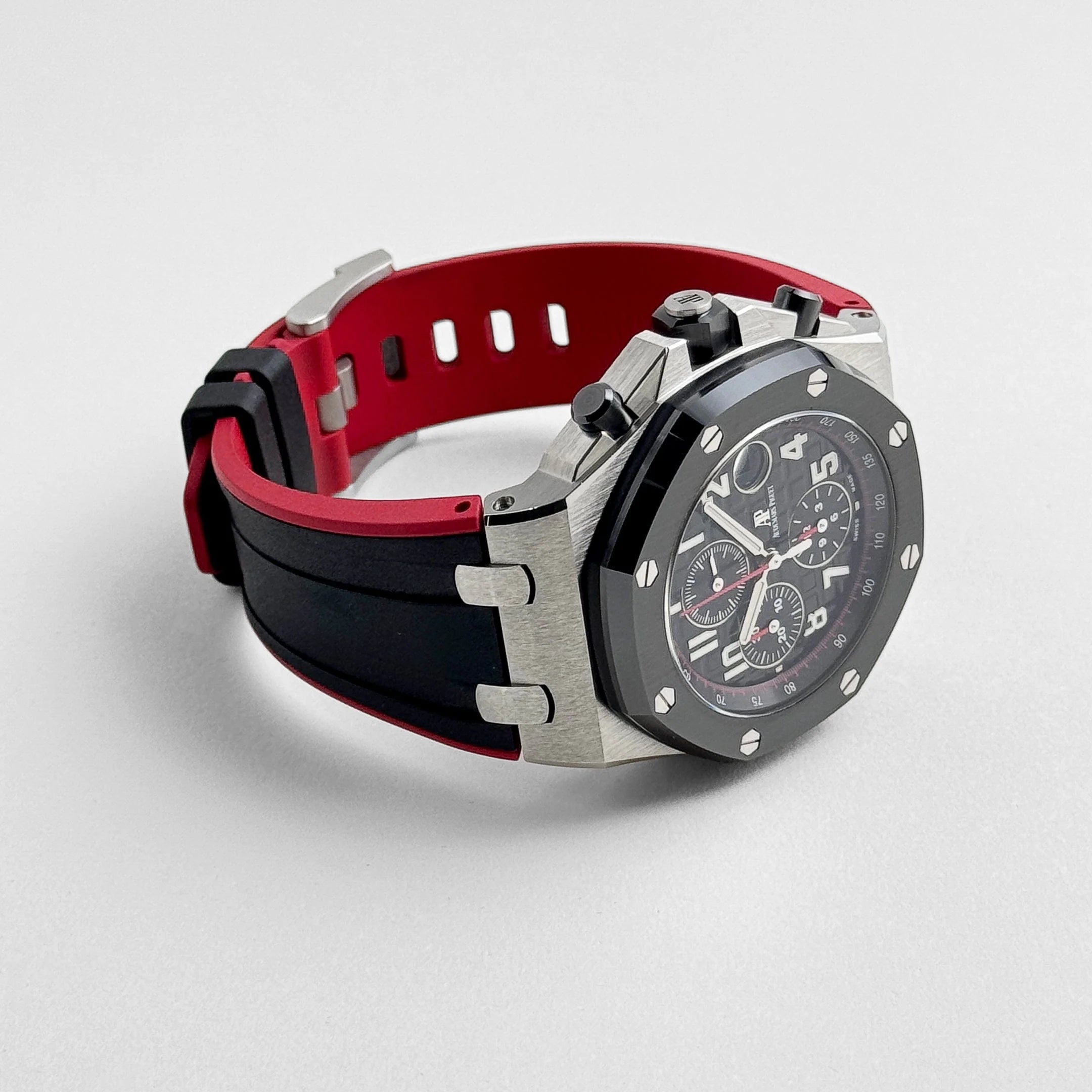 Luxury Swiss Watch | Automatic Movement | Black Multi-Subdial Dial | Stainless Steel Case | Black & Red Rubber Strap | Date Display | Tachymeter Scale