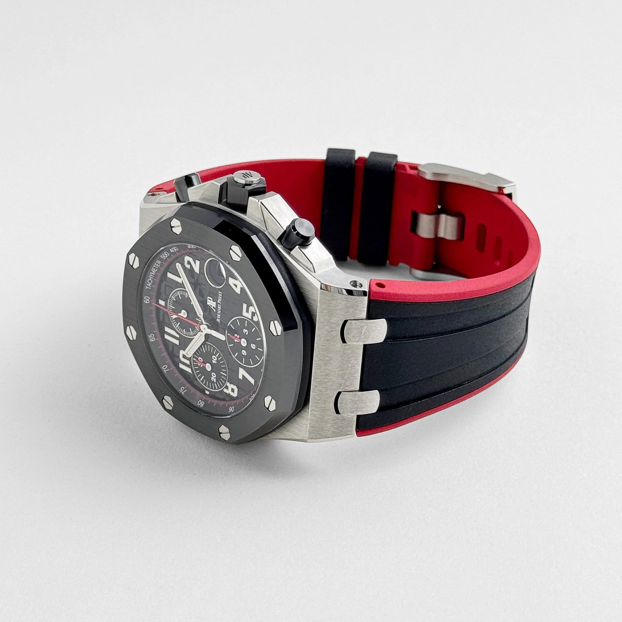 Luxury Swiss Watch | Automatic Movement | Black Multi-Subdial Dial | Stainless Steel Case | Black & Red Rubber Strap | Date Display | Tachymeter Scale