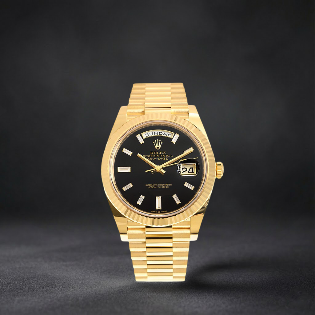 Luxury Swiss Watch | Day-Date | Automatic | Black Dial | 904L stainless steel bracelet | Fluted Bezel