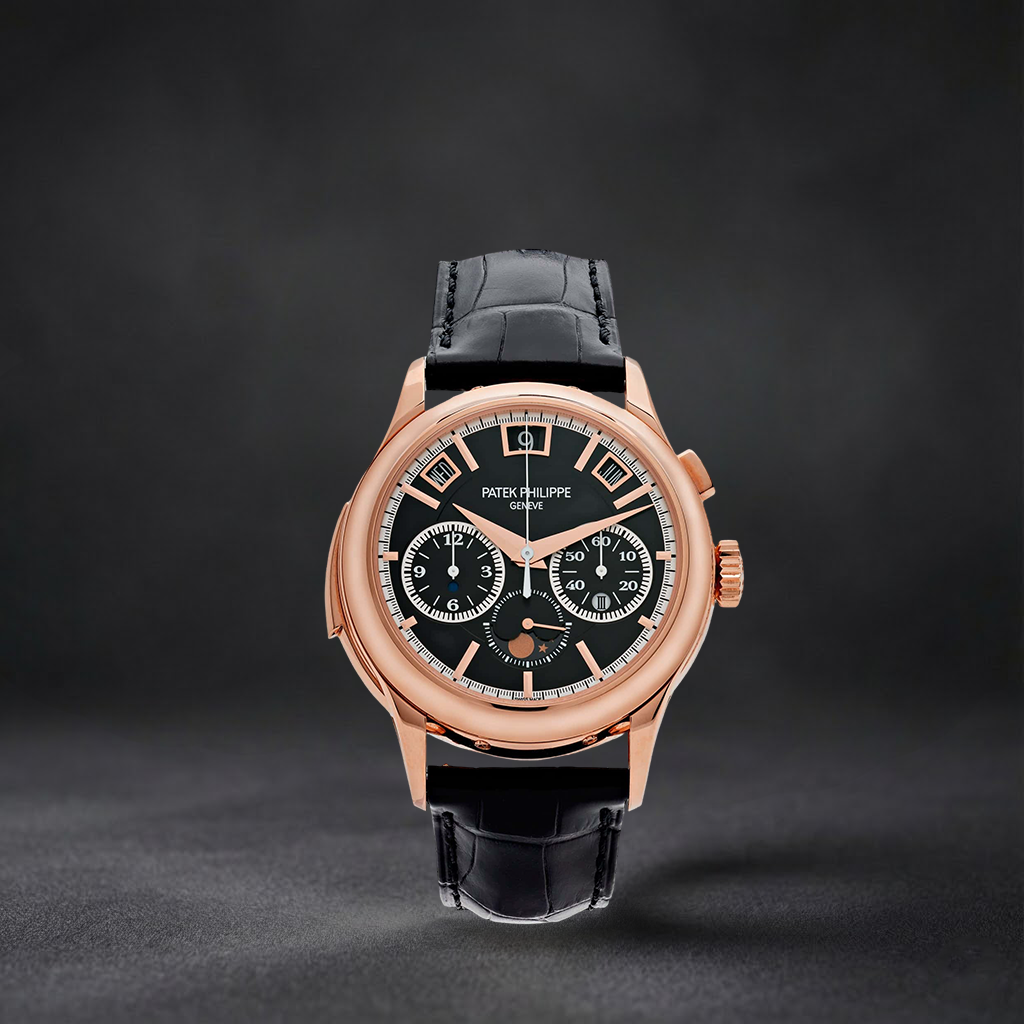 Luxury Swiss Watch | Automatic Chronograph | Black Dial | Stainless Steel Case | Black Leather Strap | Date & Moonphase Display